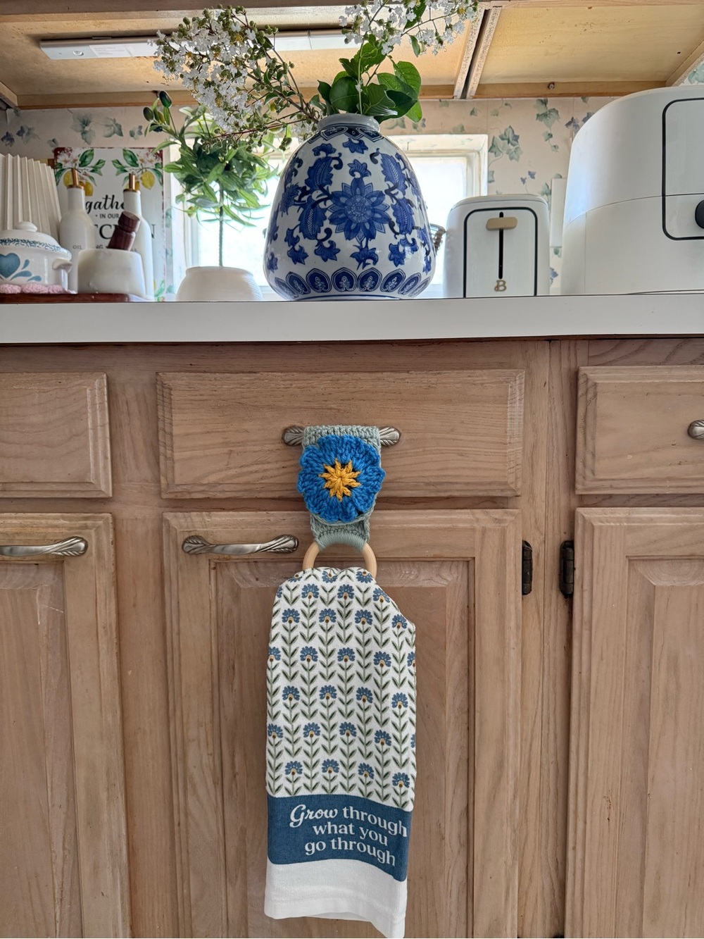Handmade Blue Floral Kitchen Towel with Wooden Ring Holder